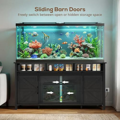 VOWNER 75-120 Gallon Fish Tank Stand with Power Outlet, Farmhouse Aquarium Stand with Storage Cabinet & Sliding Barn Doors, Heavy Duty Reptile Tank Stand, for 2 Tanks, 1000LBS Capacity, Black - color: Black