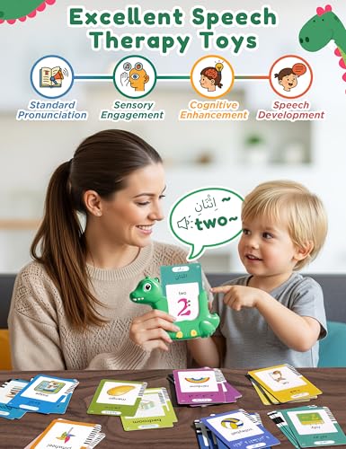 Arabic and English Talking Flash Cards for Kids, 510 Sight Words Bilingual Learning Toys for Toddlers, Arabic Alphabet Flashcards Pocket Speech Therapy Toys, Dinosaur Shaped - size: 510-Arabic&English