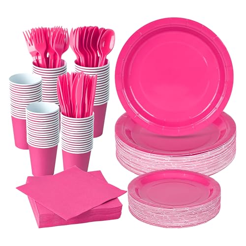 350 Pcs Hot Disposable Plates and Napkins Tableware Set for 50 Guests - color: Hot Pink
