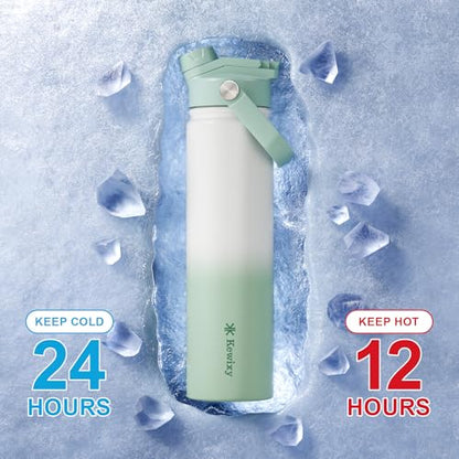 24 oz Insulated Water Bottle, 2-in-1 Lid, Straw & Spout with Protected, Leak Proof, Keep Cold 24H, Cup Holder Fit, Stainless Steel, Metal, Reusable, for Travel, Gym and School, 2 Lids, Iced Mint - color: Iced Mint, size: 24 Ounces