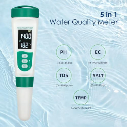 5-in-1 Digital pH Meter, Highly Accurate Water Quality Tester with Backlight Screen, pH/EC/TDS/Salinity/Temp Meter, 0.01 Resolution pH Tester, TDS Meter for Drinking Water, Pool, Aquarium