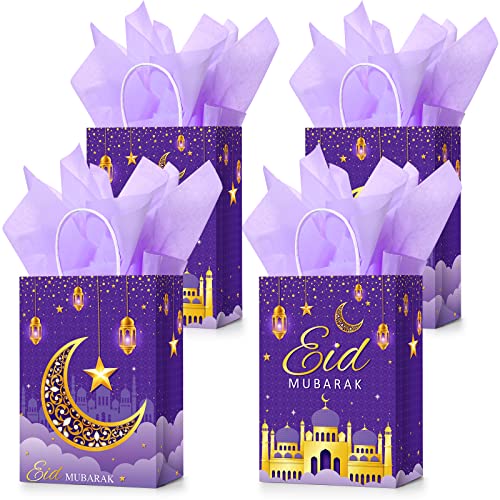 Censen 16 Sets Eid Mubarak Gift Bags with Tissue Paper, Ramadan Goodies Bags for Ramadan Party Supplies Favor (Purple) - color: Purple