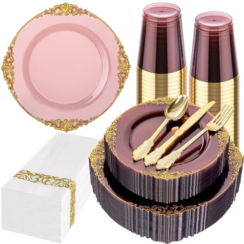 Hioasis 175 Pcs Burgundy Gold Plates for Party - color: Burgundy and Gold