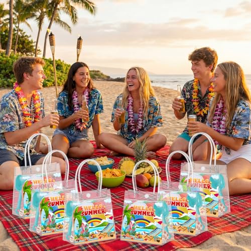 Aliceset 24 Pcs Hello Summer Clear Gift Bags Bulk with Handle, PVC Summer Party Favor Bag Reusable Transparent Goodie Bags for Beach , Pool Parties, Picnics & Outdoor Events, 6.31"x 5.91"x 3.15" - style: Hello Summer