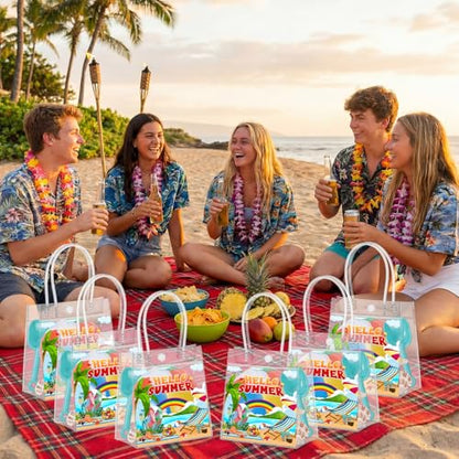 Aliceset 24 Pcs Hello Summer Clear Gift Bags Bulk with Handle, PVC Summer Party Favor Bag Reusable Transparent Goodie Bags for Beach , Pool Parties, Picnics & Outdoor Events, 6.31"x 5.91"x 3.15" - style: Hello Summer
