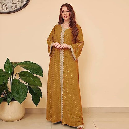 FPOVFPO Women's Muslim Abaya One-Piece V Neck Bronzing Dress Islamic Full Length Kaftan Daily Casual - color: Brown, size: Medium
