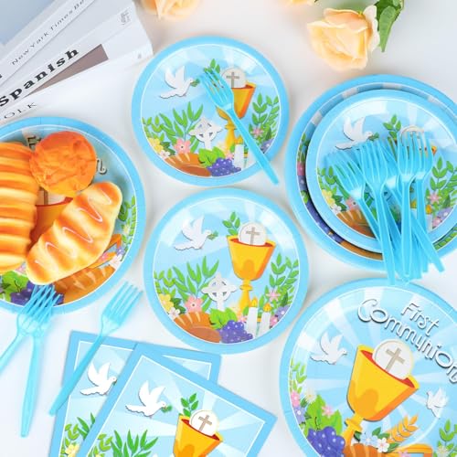 Qyeahkj 100 Pcs Baptism Plates and Napkins, First Holy Communion Party Blue Paper Disposable Tableware Decorations for Boys God Bless Decor for Christening Celebration Party Baby Shower, Serves 25 - style: First Holy Communion