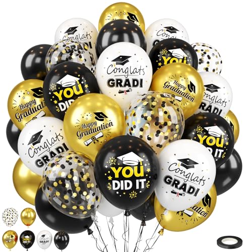 Graduation Balloons, 50 Pcs Black Gold for Class College High School Party - color: Gold Black Grad, size: 50 Pcs