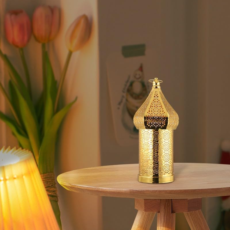 for Moroccan Golden Hollow Iron Lantern for Ramadan Home Decoration, Battery-Operated Light Ornament for Eid, Weddings, Festivals, Tabletop Use, Gold