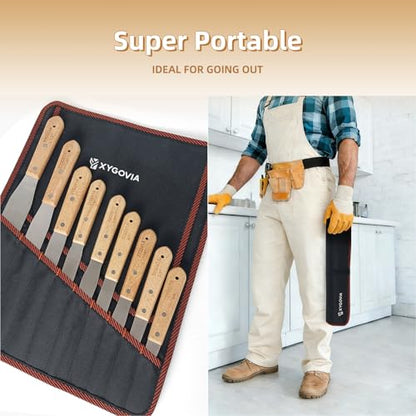 9-Piece Caulking Spatula with Wooden Handle, Professional Stainless Steel Caulk Tool Set Finishing Tools, Streamline Spatulas for Caulk Application - color: 9PCS