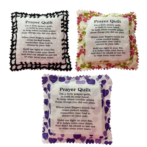 Mini Prayer Quilt with Cross Inside, 3 Pieces, Vintage Pocket Scripture Squares, Christian Sympathy Gifts, 3.9 x 3.9 inches