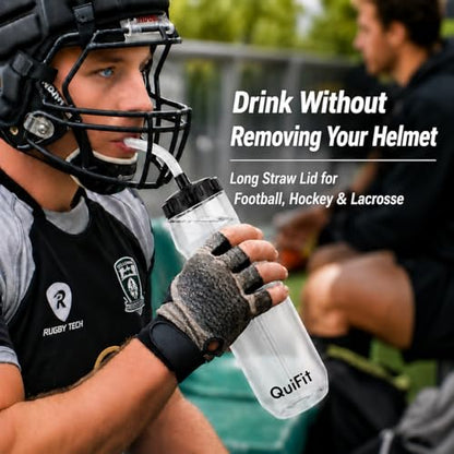 QuiFit Lacrosse Water Bottle with Long Straw - 32oz Hockey Water Bottle 2 Pack with 2 Lids Each- BPA Free Squeeze Sports Water Bottles, Leakproof Dishwasher Safe- for Helmet,Lacrosse (Clear) - color: Clear
