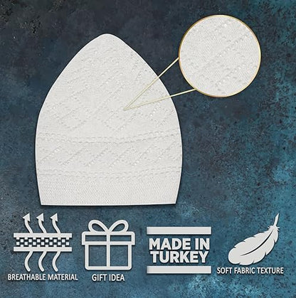Kufi 남성용 모자, 남성용 이슬람 의류, %100 통기성 해골 비니, 크로셰 캡, 수공예 타키야, 쿠피, 쿠페 - color: 화이트 색상, style: 1개