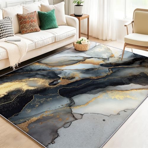 Area Rugs for Living Room 2 x 3 ft, Low Pile Large Soft Stain Resistant Non-Slip, Ink Marble Abstract Art for Bedroom Dining Room Indoor Home Decor Carpet Black Gold - color: Black Gold 2, size: 2' x 3' (Rectangular)