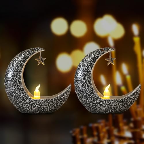 2PCS Mini Ramadan Moon Light for Ramadan Decorations, Black Sliver Moon Star Light Eid Lamp for Ramadan Table Decoration Ramadan Gift Home Decor, Eid Ramadan Candle Lights Nightstand Decor - color: Style 6
