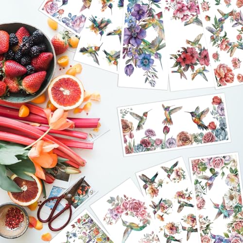 arricraft 10 Sheets UV DTF Cup Wrap Transfer Stickers, 10 Styles 9.45x4.33 Inchs Hummingbird Flower Rub on Transfers Decal for 16OZ Glass Cups Furniture Craft Wood DIY Crafts - style: Hummingbird