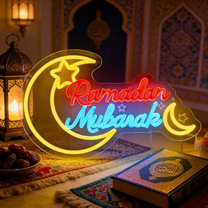 Ramadan Mubarak Neon Sign, Dimmable Led Sign Crescent Moon Wall Light for Ramadan Decorations, Islamic Home Decor for Window, Living Room & Bedroom Festival Display