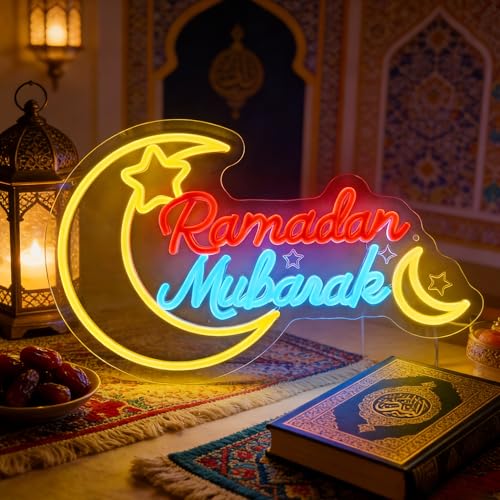 Ramadan Mubarak Neon Sign, Dimmable Led Sign Crescent Moon Wall Light for Ramadan Decorations, Islamic Home Decor for Window, Living Room & Bedroom Festival Display