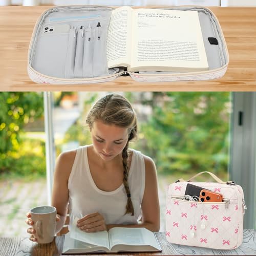 Bible Cover Case for Women Large Bible Cover for Girls Bible Study Supplies Accessories with Handle and Shoulder Strap | Durable - color: Pink -Bow