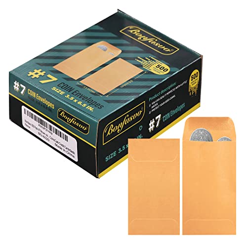 Bonfasvo 500 Pack #7 Brown coin envelope 3.5 x 6.5 inches Kraft Envelopes Classic Small Parts Envelopes with Self Adhesive Gummed Flap for Coins Cash Credit Cards Seeds - size: 500 Pack #7 (3.5''x 6.5'')