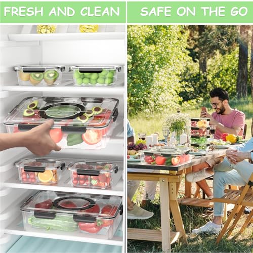LOTKEY 5 Pack Fruit Storage Containers for Fridge, Divided Serving Tray with Lid and Handle Portable Snack Box Container BPA-Free Fridge Organizer Bins for Fruit, Veggie, Snack, Nuts