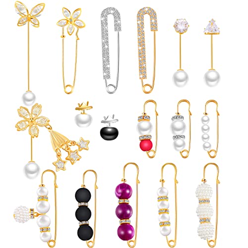 17 Pieces Pearl Brooch Pins Sweater Shawl Clips Faux Pearl Rhinestones Collar Safety Pin for Women Clothing Dresses Decoration Accessories with Storage Box - color: Elegant Style