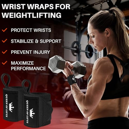 TECEUM Weightlifting 18" & 12" Wrist Wraps with Thumb Loop – Heavy Duty Wrist Workout Braces for Men and Women – Ideal for Powerlifting, Strength Training, Bodybuilding - color: Black, style: 12" – Queen of Lifts