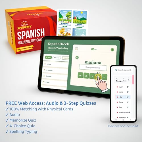 Spanish Vocabulary Cards for Kids & Adults Beginners - 276 Bilingual Study Cards 720 Words with Interactive Web Learning Portal: Native Audio, 4-Step Quizzes, Typing Games - Learning Resource