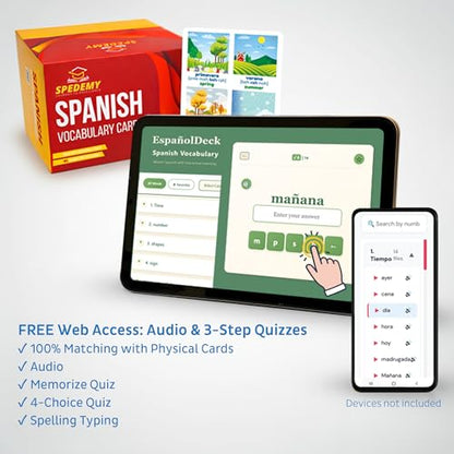 Spanish Vocabulary Cards for Kids & Adults Beginners - 276 Bilingual Study Cards 720 Words with Interactive Web Learning Portal: Native Audio, 4-Step Quizzes, Typing Games - Learning Resource