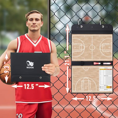 WISYOK Leather Covered Magnetic Basketball Lineup Board, Foldable and Portable Clipboard for Coaches with 48 Cards, 2 Markers, 4 Hooks and 1 Organizer Bag - style: Basketball Leather