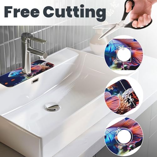 Coral Reef Fish Aquarium Faucet Mat for Kitchen Sink Splash Guard 14×38 CM Super Absorbent Diatomite Faucets Suction Pad Faucet Handle Drip Catcher Tray Dish Drying Mat Housewarming Gift
