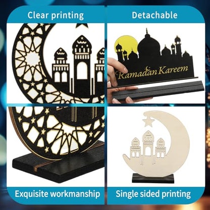 GlikCeil 4 Pcs Eid Al Adha Wooden Table Centerpieces Moon and Star Ramadan Wood Sign Eid Mubarak Tabletop Decor Islamic Mosque Muslim Al Fitr Black Gold Detachable Tiered Tray Decor for Home