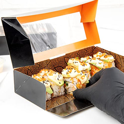 Restaurantware Sakura Vision 8 x 3.5 x 1.8 Inch Sushi Boxes 50 Disposable Take Out Boxes - Built-In Lid Clear Window Black Paper Rectangle Boxes For Sushi Maki Or Sashimi - size: Medium