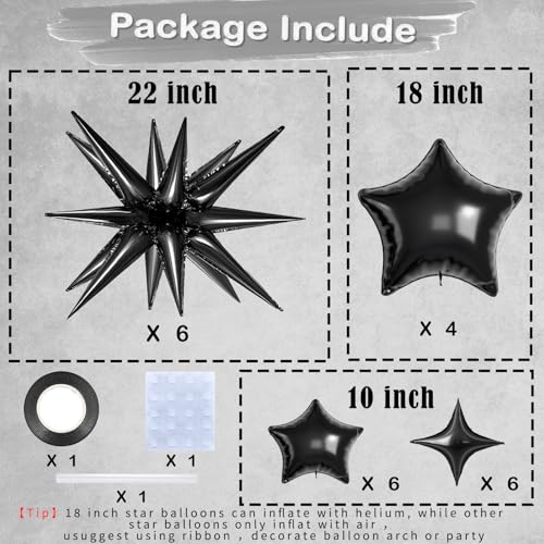 22 Pcs Black Star Balloons,22/18/10 Inch Star Foil Mylar Balloon,Spike Balloon and Four Pointed Balloons for Party Supplies Christmas Birthday Wedding Photo Booth (Black) - color: Black