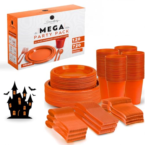Grandipity Disposable Plastic Dinnerware Sets for Parties (720 pcs) - color: Orange, size: 120 Guests (720 PCS)