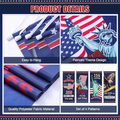 Panelee 4 Pcs 250th Anniversary Banner Decoration Patriotic American Flag Porch Banner 250th Anniversary Hanging Backdrop for Independence Day 4th of July Wall Indoor Outdoor Decor - style: 250th