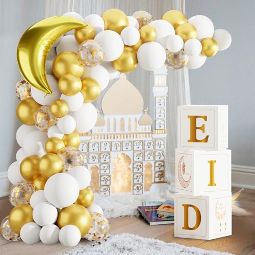 Eid Mubarak Decoration for Home 2026 - 89 White Gold Balloon Arch with Eid Mubarak Star Balloons,Star Moon Balloon Boxes,Ramadan Party Supplies Decorations for Ramadan Festival