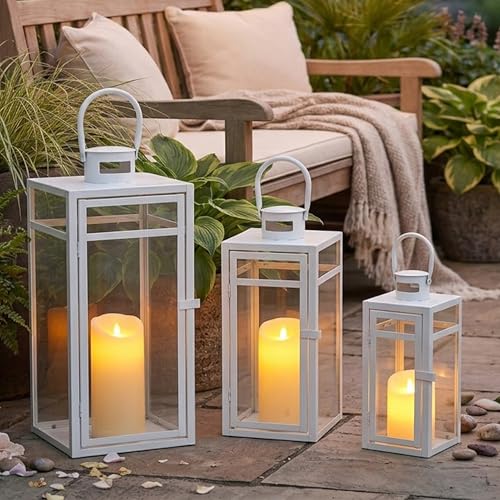 TRIROCKS Metal Candle Lantern Set of 3 - Assorted Sizes (12/15/19 Inch) - Tall Metal Hanging Lanterns with Tempered Panels Indoor & Outdoor Home Decor for Christmas Parties & Events - White Finish - color: White