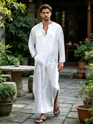 Jacansi Men's 65% Cotton 35% Linen Kaftan Thobe, Long Sleeve Casual Arabic Robe, Loose Long Gown with Pockets - color: White #1, size: 3X-Large