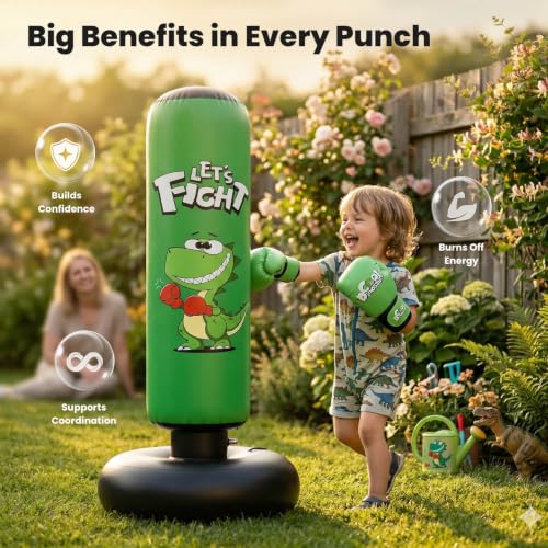 Inflatable Punching Bag, 48" Punching Bag for Kids with Boxing Gloves, Stable Boxing Set for Karate, Taekwondo,Dinosaur Toy & Gifts for Boys 3 4 5 6 7 8 Year Old - color: Green