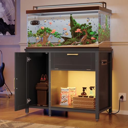 Bestier 40-50 Gallon Fish Tank Stand with Power Outlet&LED Light, 37x18 Heavy-Duty Metal Aquarium Stand with Cabinet&Drawer for Accessories Storage, Suit for Reptile/Turtle Terrarium,660Lbs Capacity