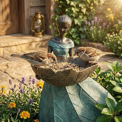 DiliComing Fairy Garden Statues Bird Feeder - 12 Inch Outdoor Fairy Statue - color: Green-12 inch