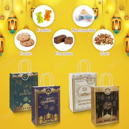 Eid Mubarak Gift Bags - 12 Pcs Ramadan Paper Gift Bags with Handles, Mosque Moon Star Reusable Party Favor Candy Goodie Bag for Muslim Eid al-Fitr Festival Celebration