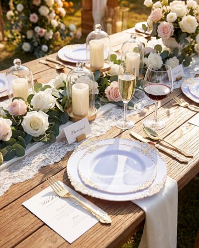 Nervure 350PCS Gold Plastic Dinnerware - White and Gold Disposable Plates for 50 Guests - 100 White Disposable Plates, 150 Plastic Silverware, 50 Cups, 50 Napkins for Wedding & Party & Graduation - color: Gold, style: 350Pcs(50Guests)