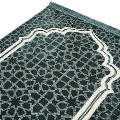 Modefa Muslim Prayer Rug - Large Plush Velvet - Andalus Teal Blue | For Islamic prayers, salah. For men or women; thick plush soft praying mat - color: Blue