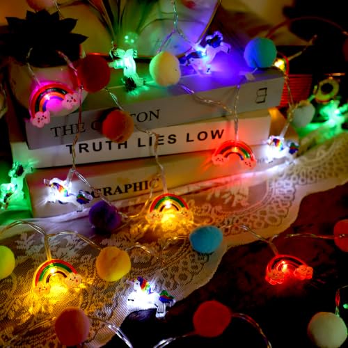 ChiRee Colorful Pom Poms with Unicorn and Rainbow String Lights - color: Colorful Pompoms-Unicorn & Rainbow