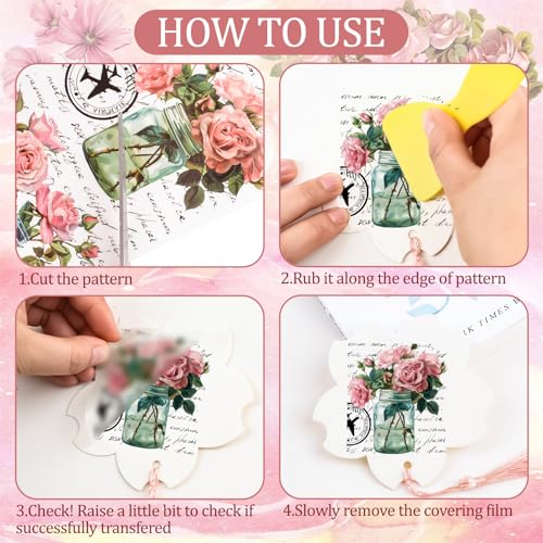 WANDIC 10 Sheets Rub On Transfer Sticker, Pink Flower Stickers Waterproof Transfer Decals for DIY Scrapbooking Photo Albums Furniture,11.8 * 3.9in - color: Pink Flower