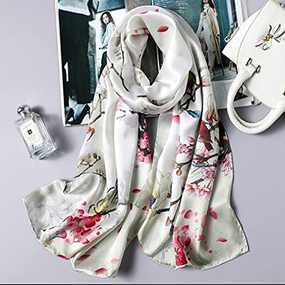 ANDANTINO 100% Silk Long Scarf-Women Large Oblong Shawls with Gift Packed - color: Beige-flower&birds