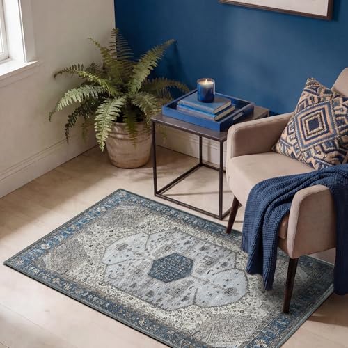 Keen Home Design Vintage Washable Entryway Rug, Non-Slip Low Pile, 2x3 - color: Blue/Beige, size: 2' x 3' (Rectangular)