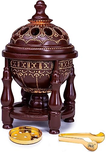 AM Charcoal Incense Burner - Bakhoor Burner, Oud Frankincense Resin Burner for Office & Home Decor, Lavish 4 Pillar Bukhoor Burners, Elegant Brown Design for Luxury Aroma Experience (Brown) - color: Brown